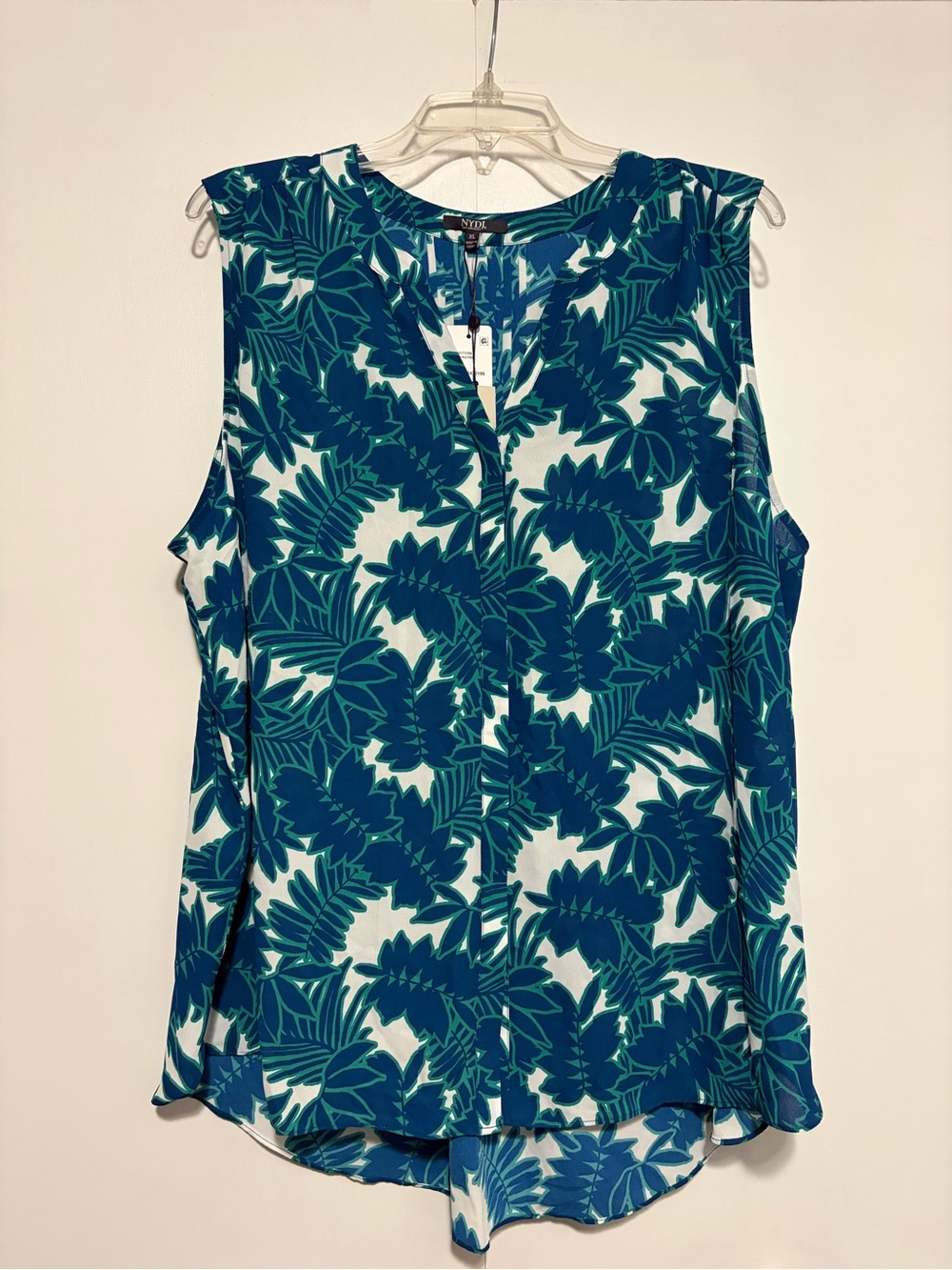 NYDJ Sleeveless Teal & White Leaf Print Blouse XL